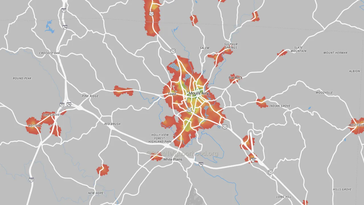 Walk Grade map of 27030, NC, walkable areas in green and car-dependent areas in red