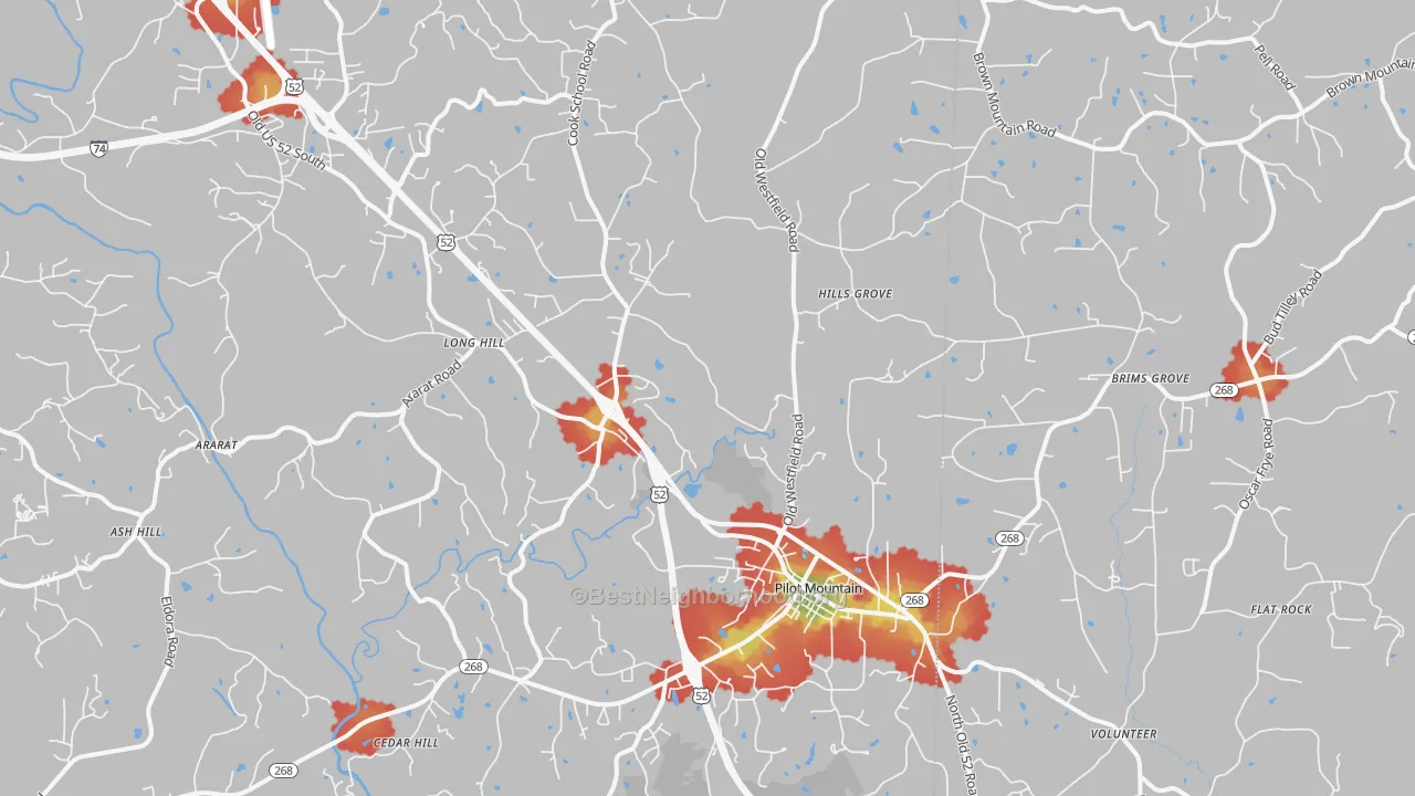 Walk Grade map of 27041, NC, walkable areas in green and car-dependent areas in red