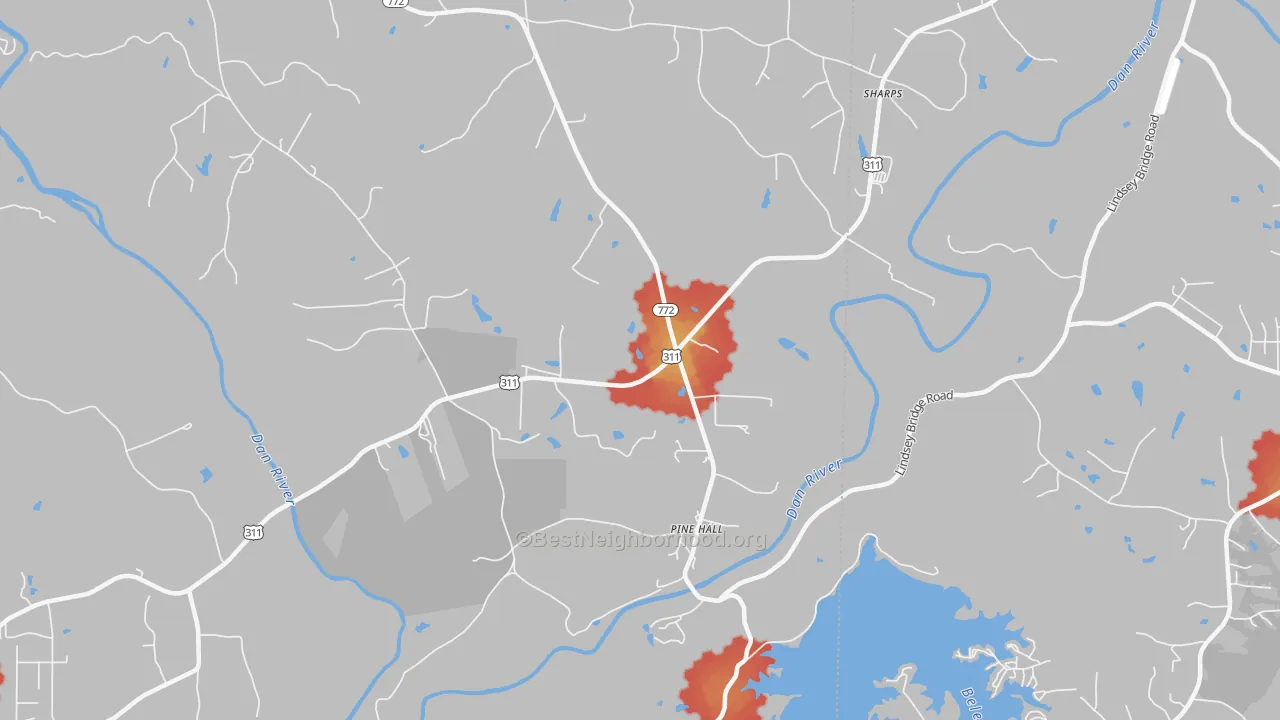 Walk Grade map of 27042, NC, walkable areas in green and car-dependent areas in red