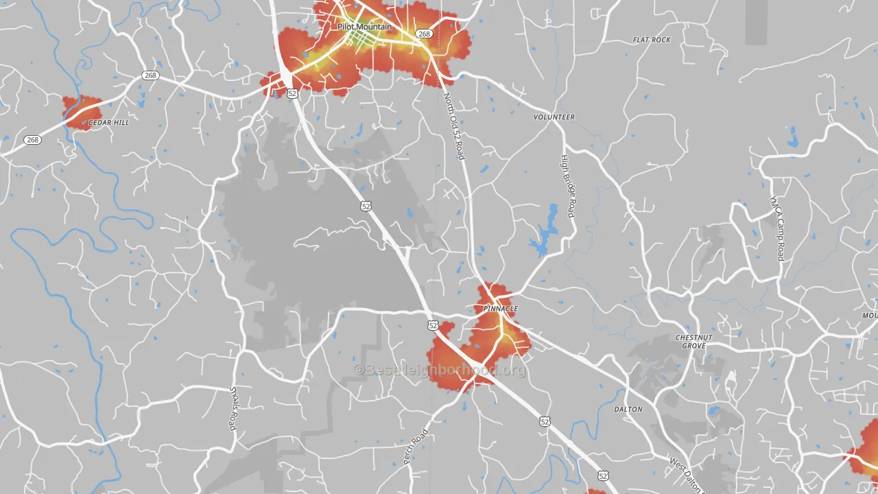 Walk Grade map of 27043, NC, walkable areas in green and car-dependent areas in red
