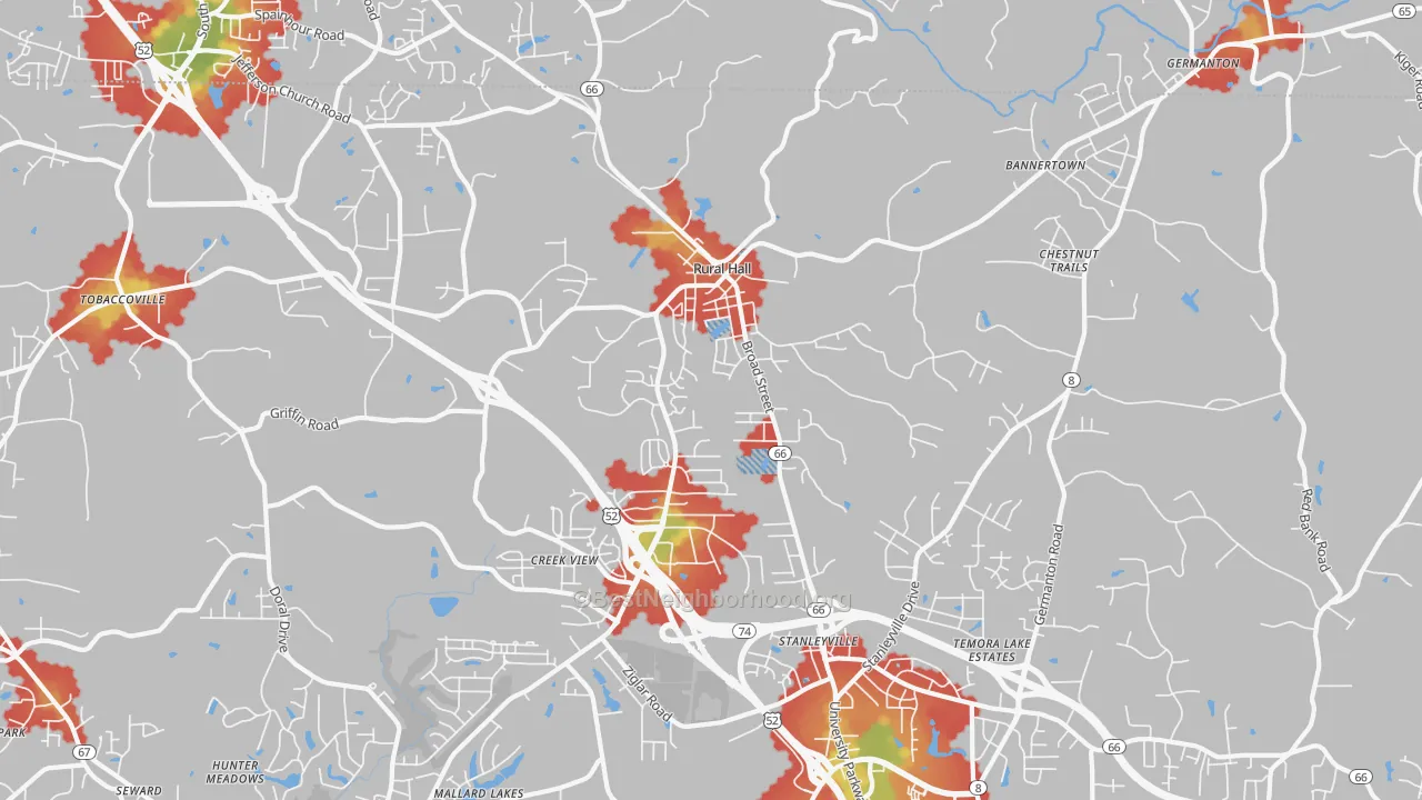 Walk Grade map of 27045, NC, walkable areas in green and car-dependent areas in red