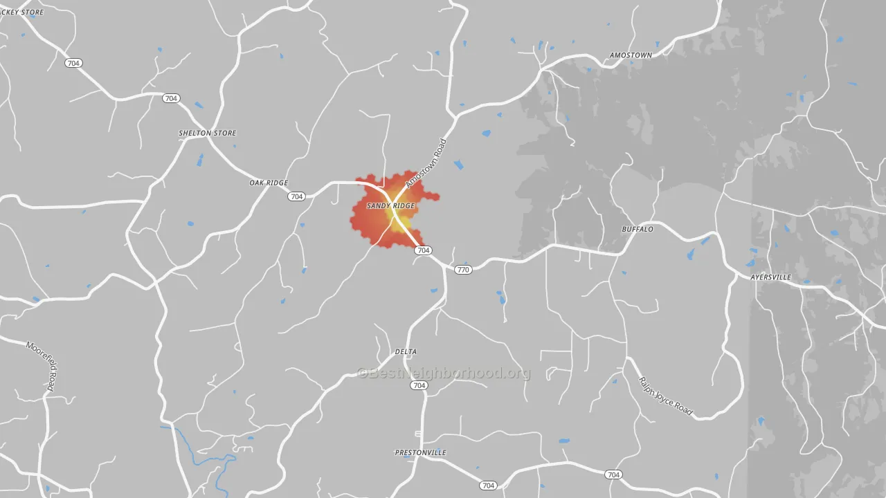 Walk Grade map of 27046, NC, walkable areas in green and car-dependent areas in red
