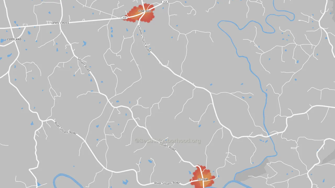 Walk Grade map of 27047, NC, walkable areas in green and car-dependent areas in red