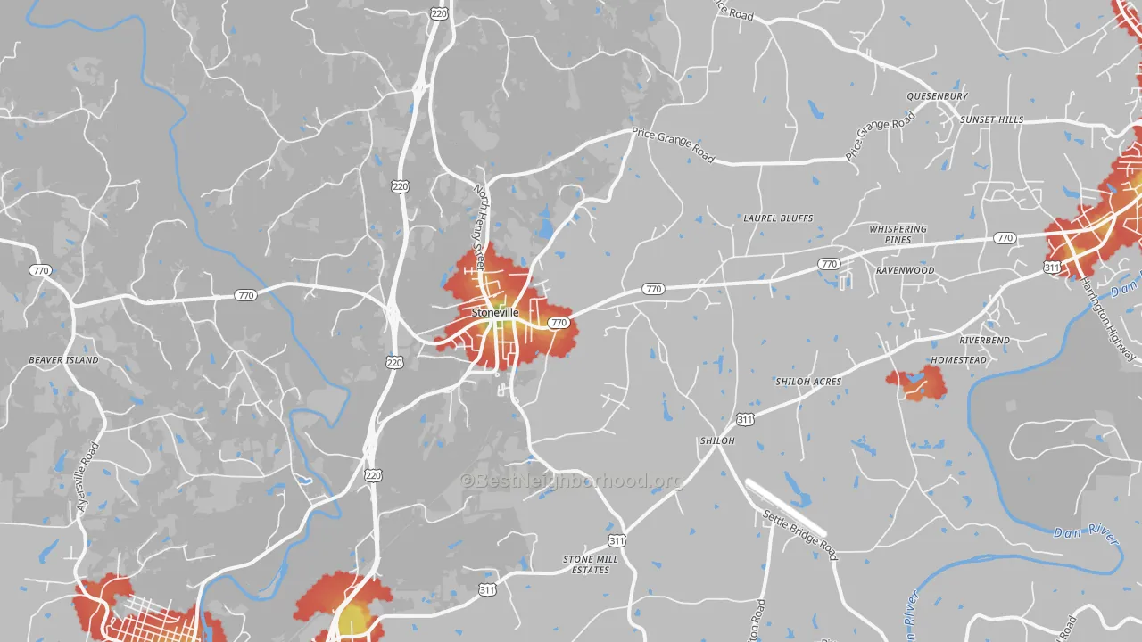 Walk Grade map of 27048, NC, walkable areas in green and car-dependent areas in red
