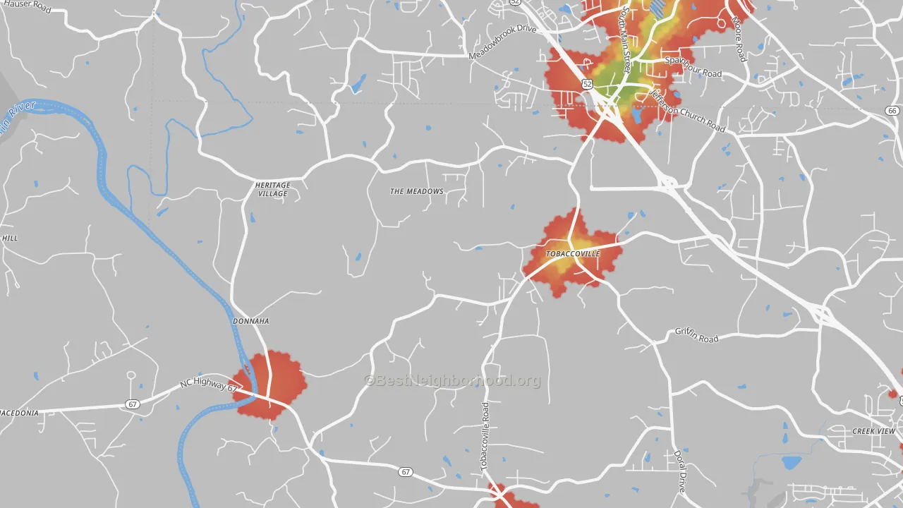 Walk Grade map of 27050, NC, walkable areas in green and car-dependent areas in red
