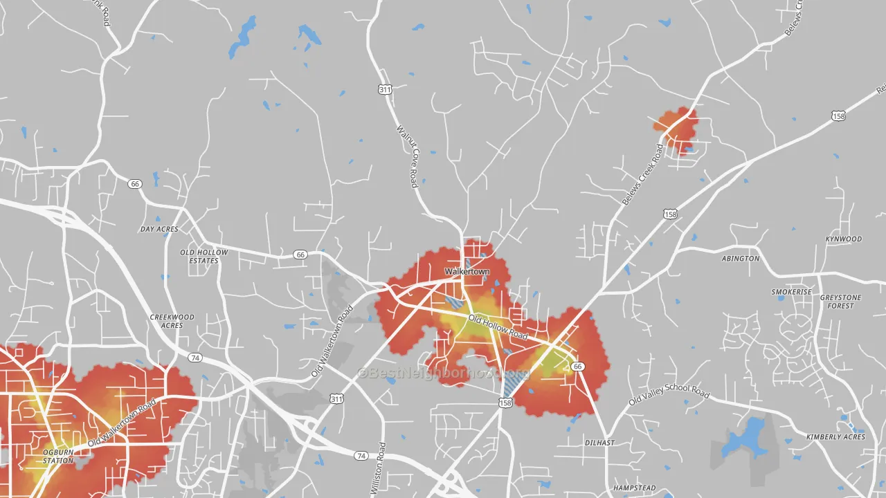 Walk Grade map of 27051, NC, walkable areas in green and car-dependent areas in red