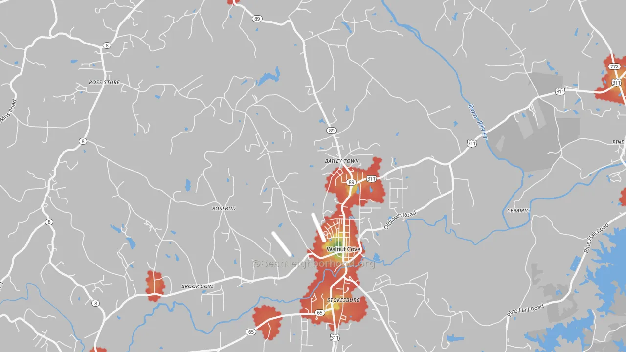 Walk Grade map of 27052, NC, walkable areas in green and car-dependent areas in red