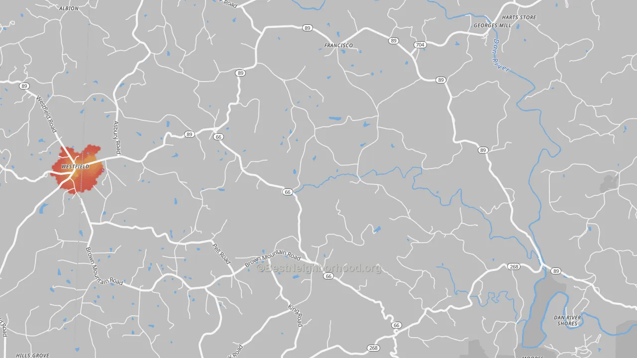 Walk Grade map of 27053, NC, walkable areas in green and car-dependent areas in red
