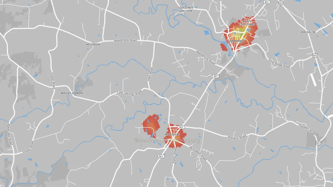 Walk Grade map of 27054, NC, walkable areas in green and car-dependent areas in red