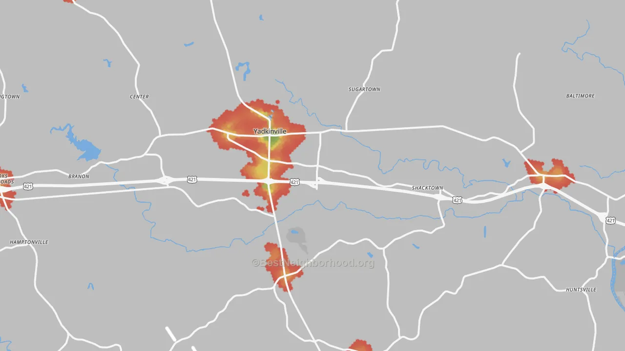 Walk Grade map of 27055, NC, walkable areas in green and car-dependent areas in red