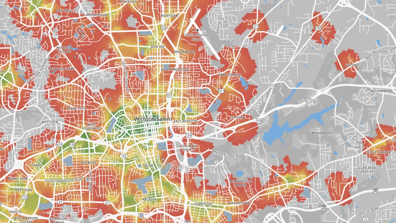 Walk Grade map of 27101, NC, walkable areas in green and car-dependent areas in red