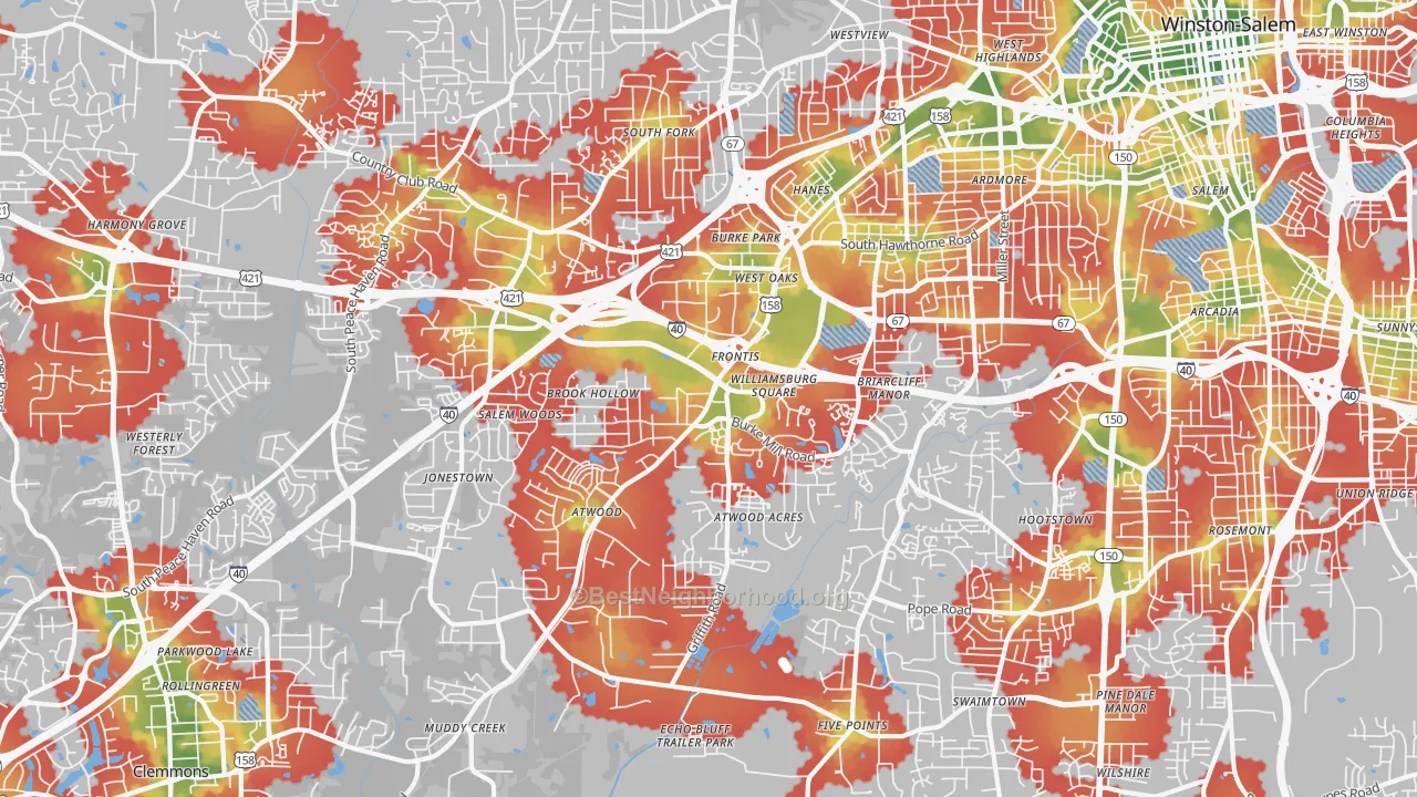Walk Grade map of 27103, NC, walkable areas in green and car-dependent areas in red