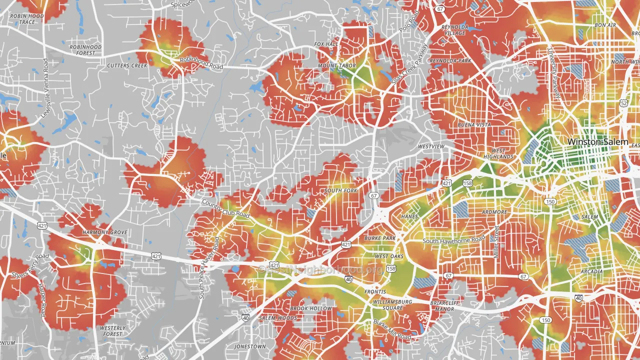 Walk Grade map of 27104, NC, walkable areas in green and car-dependent areas in red