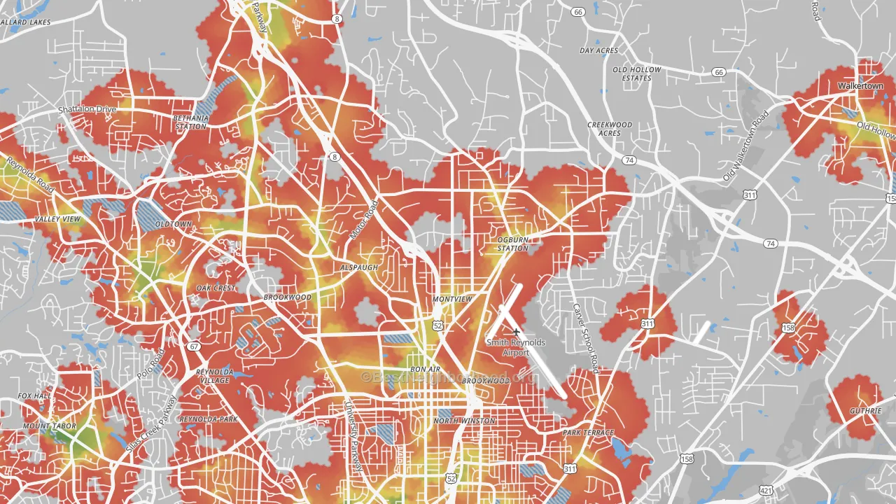 Walk Grade map of 27105, NC, walkable areas in green and car-dependent areas in red