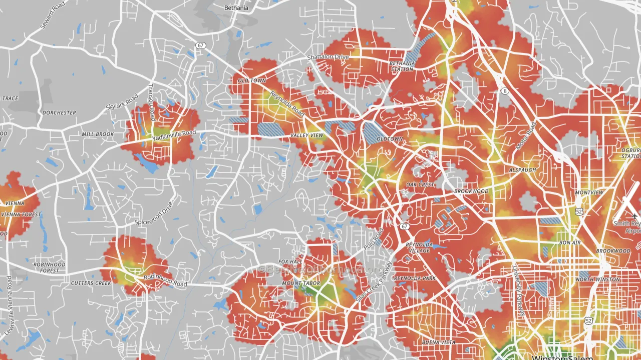 Walk Grade map of 27106, NC, walkable areas in green and car-dependent areas in red