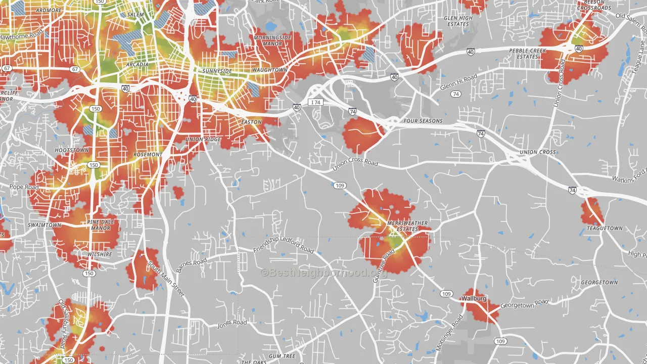 Walk Grade map of 27107, NC, walkable areas in green and car-dependent areas in red