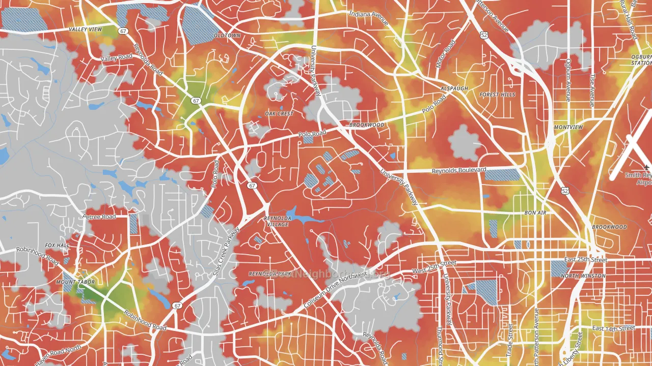 Walk Grade map of 27109, NC, walkable areas in green and car-dependent areas in red