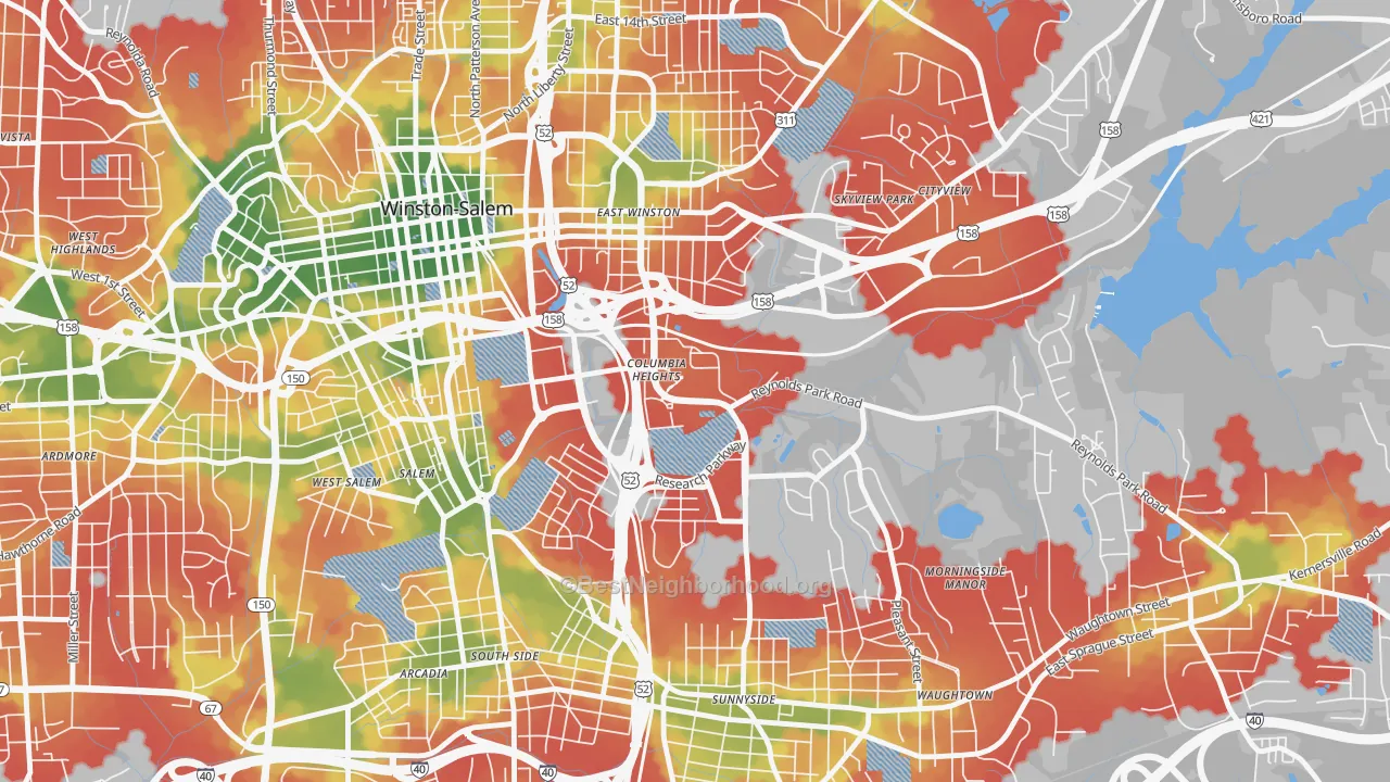 Walk Grade map of 27110, NC, walkable areas in green and car-dependent areas in red