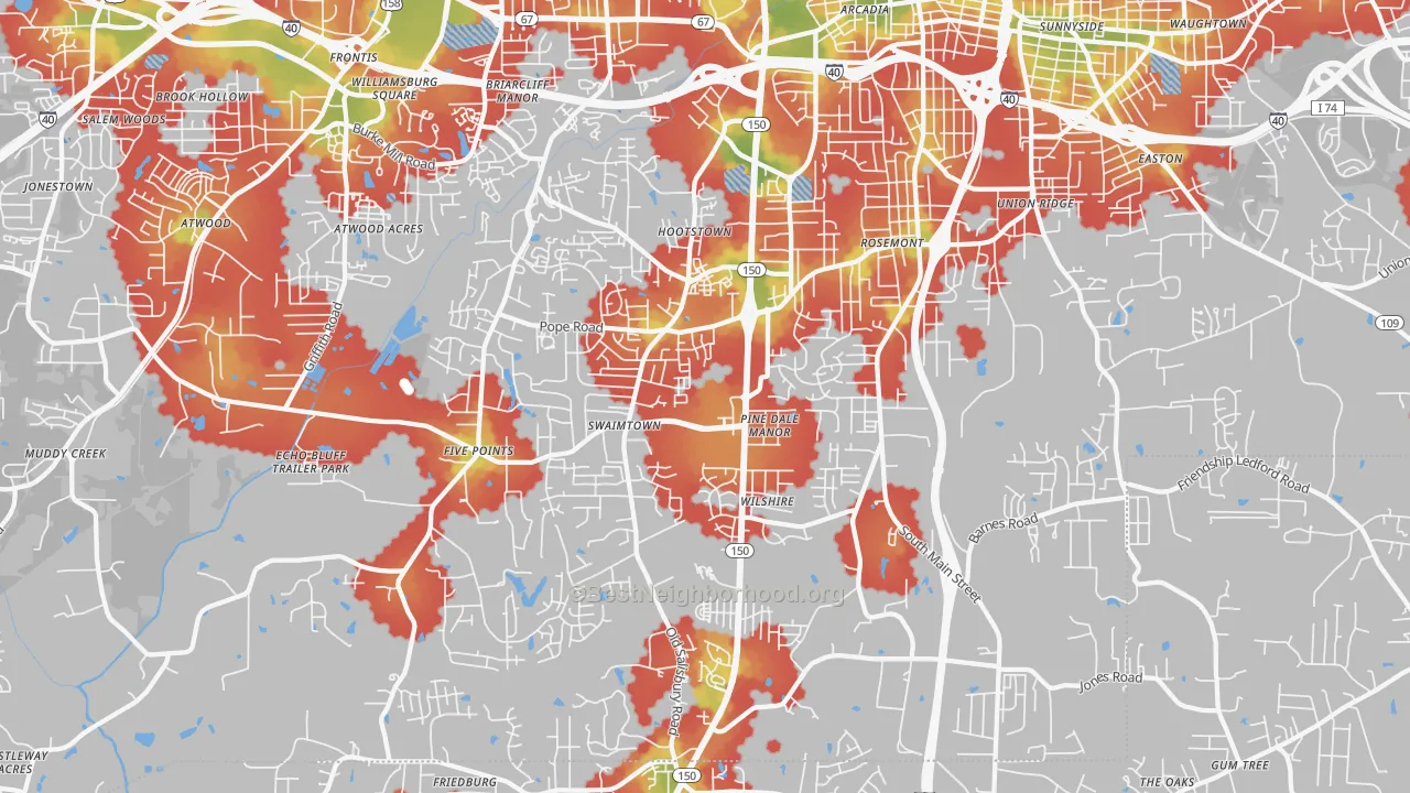 Walk Grade map of 27127, NC, walkable areas in green and car-dependent areas in red