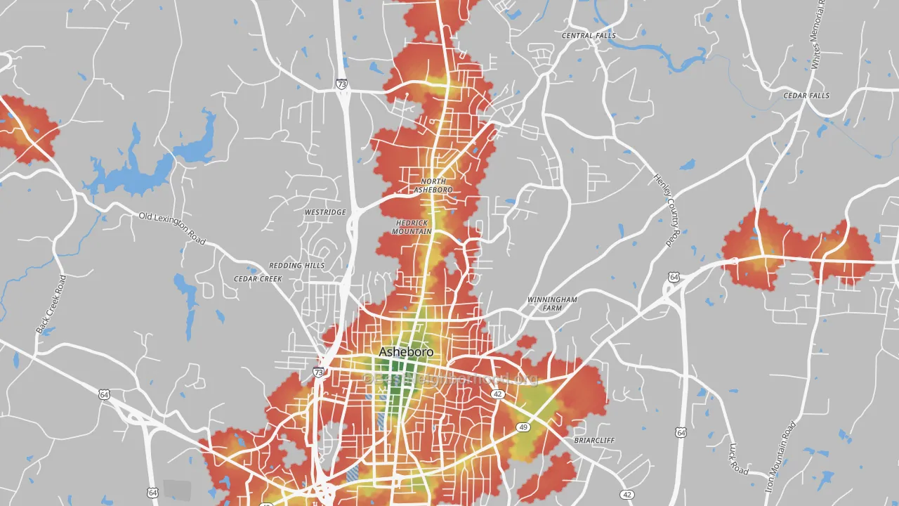 Walk Grade map of 27203, NC, walkable areas in green and car-dependent areas in red