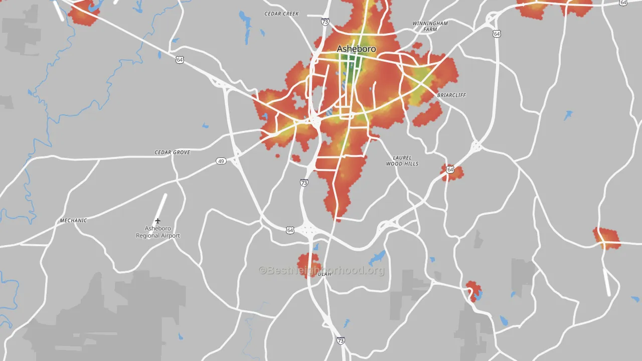 Walk Grade map of 27205, NC, walkable areas in green and car-dependent areas in red
