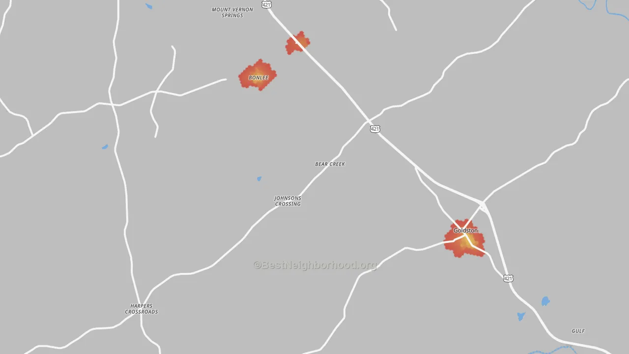 Walk Grade map of 27207, NC, walkable areas in green and car-dependent areas in red