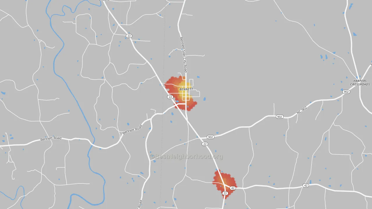Walk Grade map of 27208, NC, walkable areas in green and car-dependent areas in red