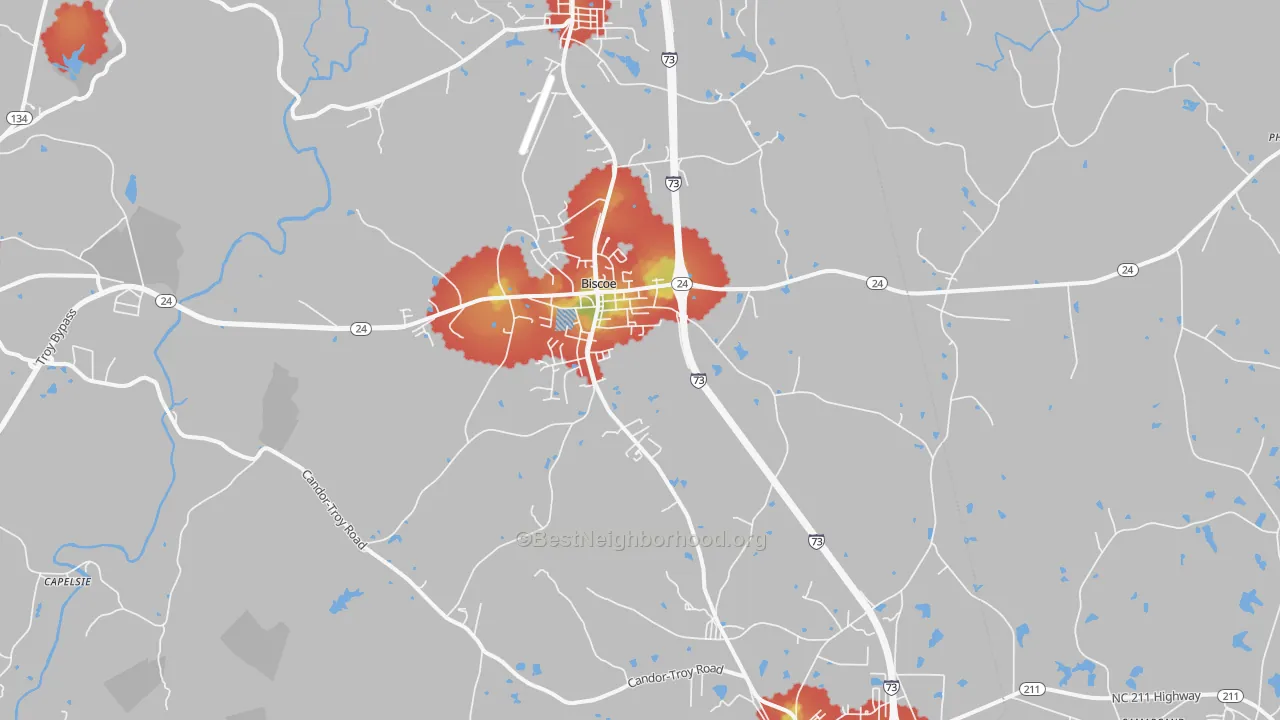 Walk Grade map of 27209, NC, walkable areas in green and car-dependent areas in red
