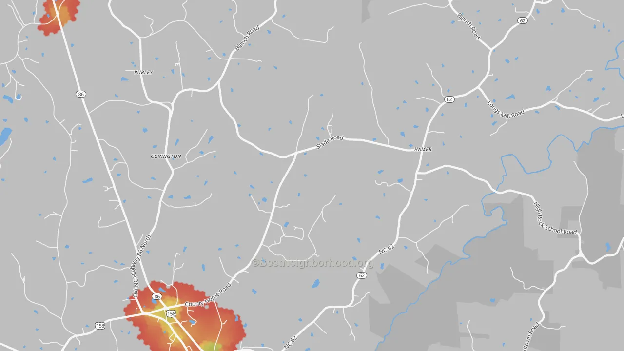 Walk Grade map of 27212, NC, walkable areas in green and car-dependent areas in red