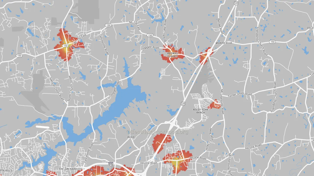 Walk Grade map of 27214, NC, walkable areas in green and car-dependent areas in red