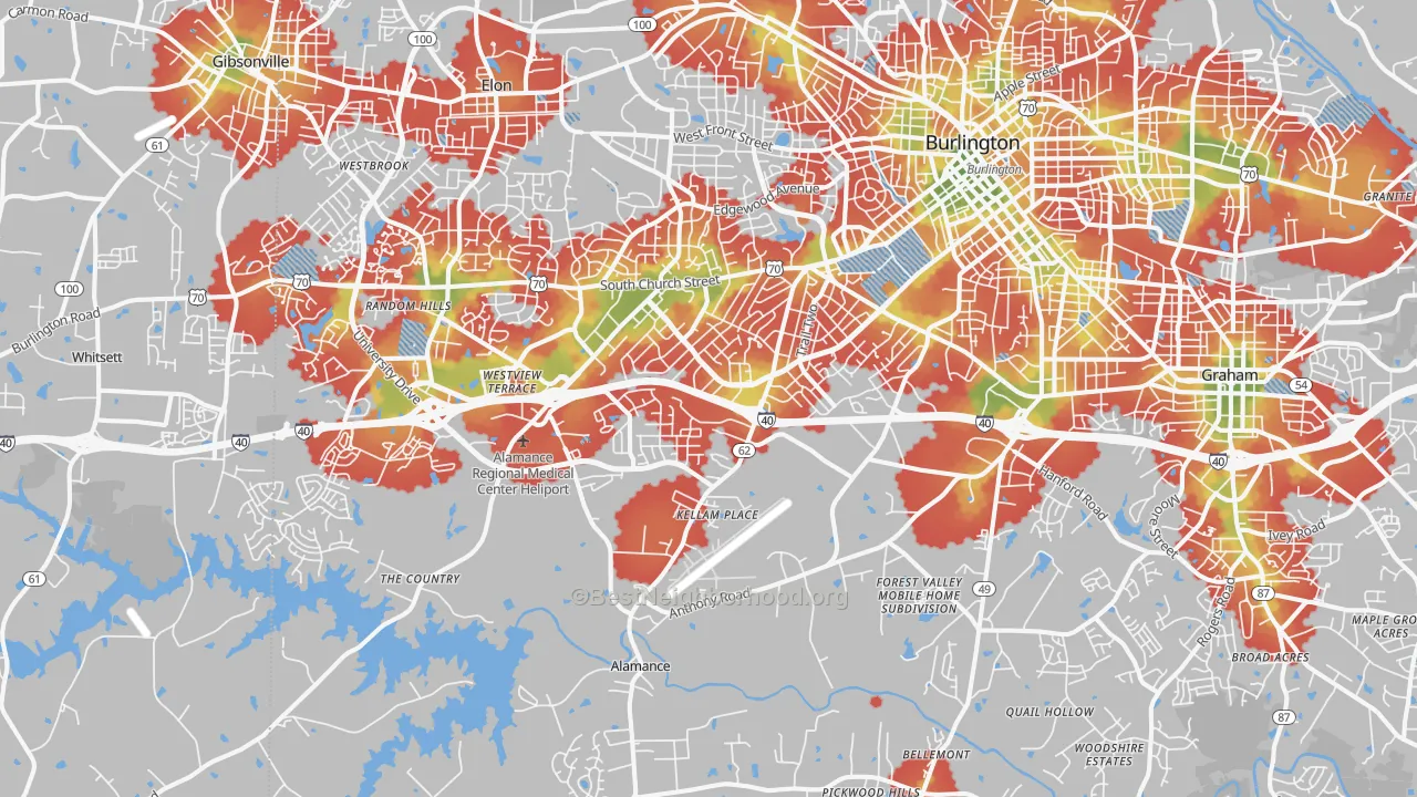 Walk Grade map of 27215, NC, walkable areas in green and car-dependent areas in red