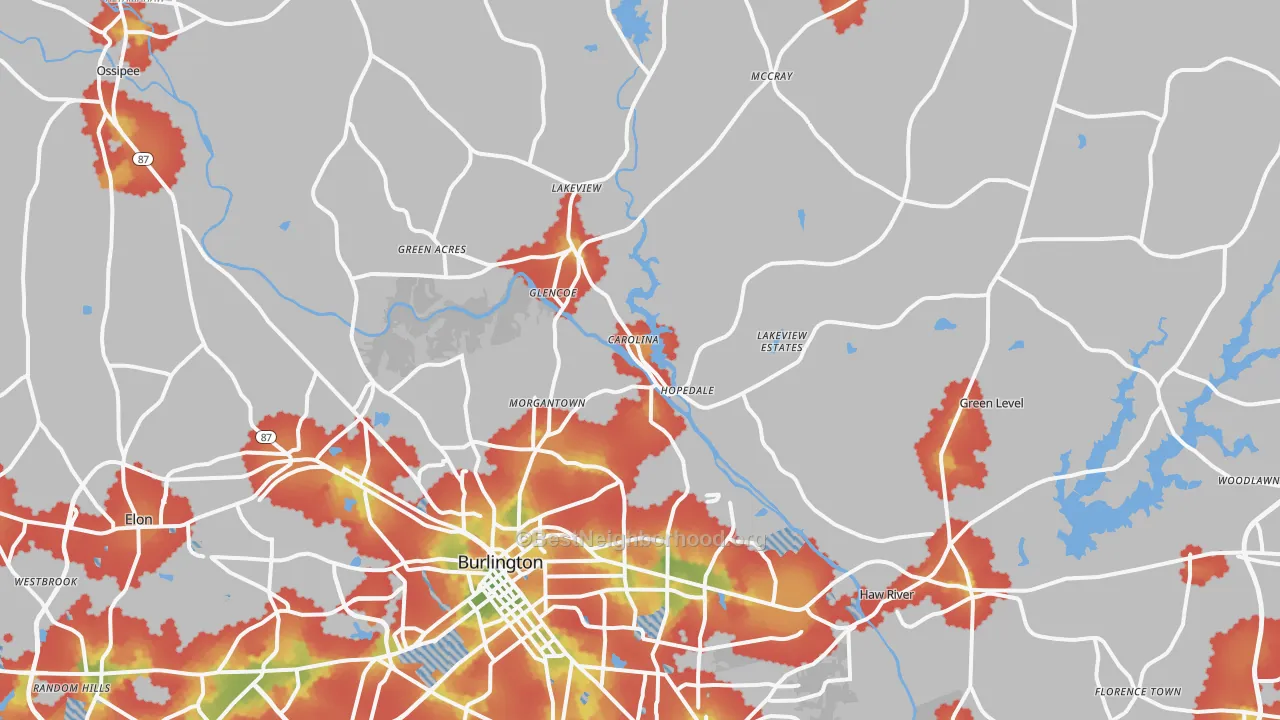 Walk Grade map of 27217, NC, walkable areas in green and car-dependent areas in red