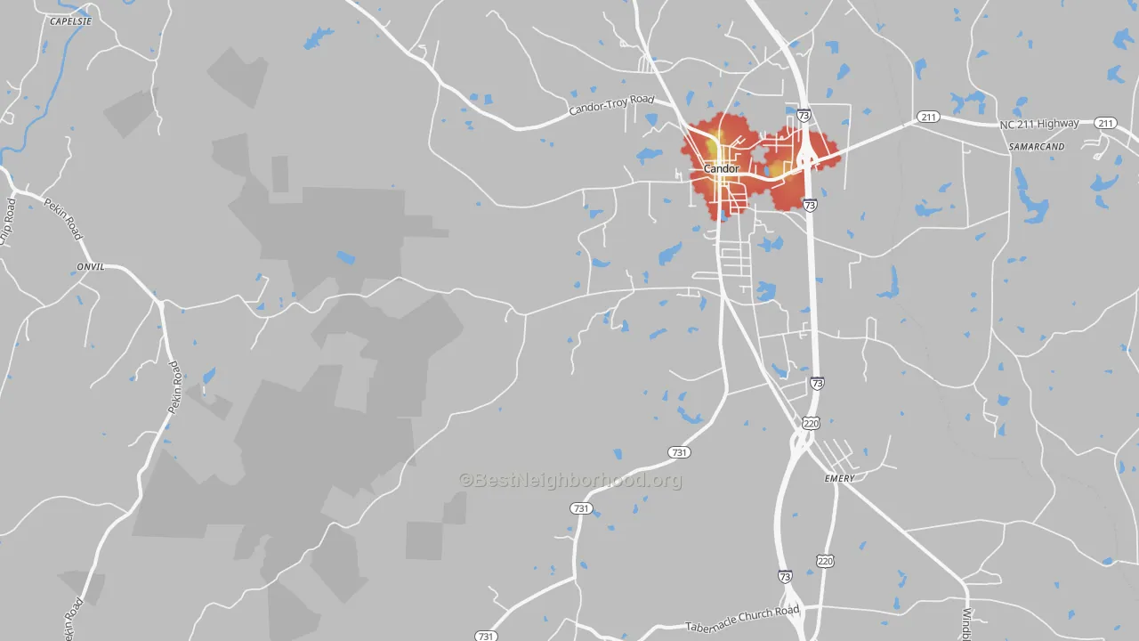 Walk Grade map of 27229, NC, walkable areas in green and car-dependent areas in red