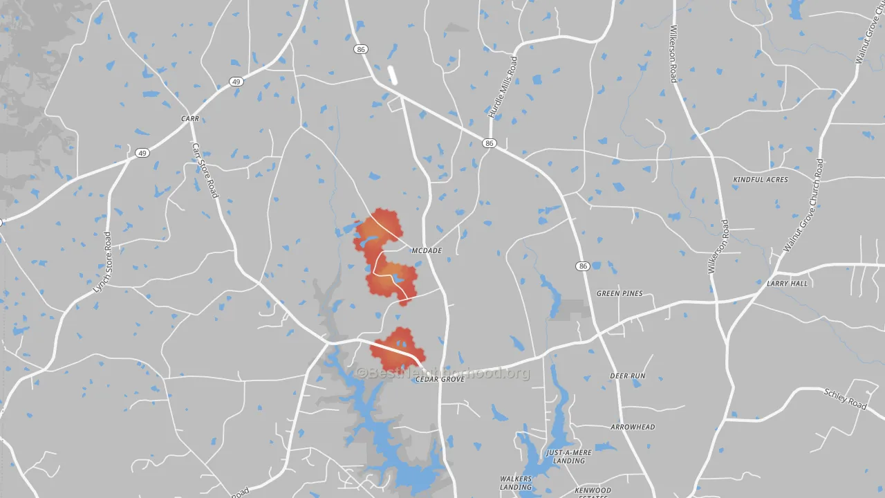 Walk Grade map of 27231, NC, walkable areas in green and car-dependent areas in red