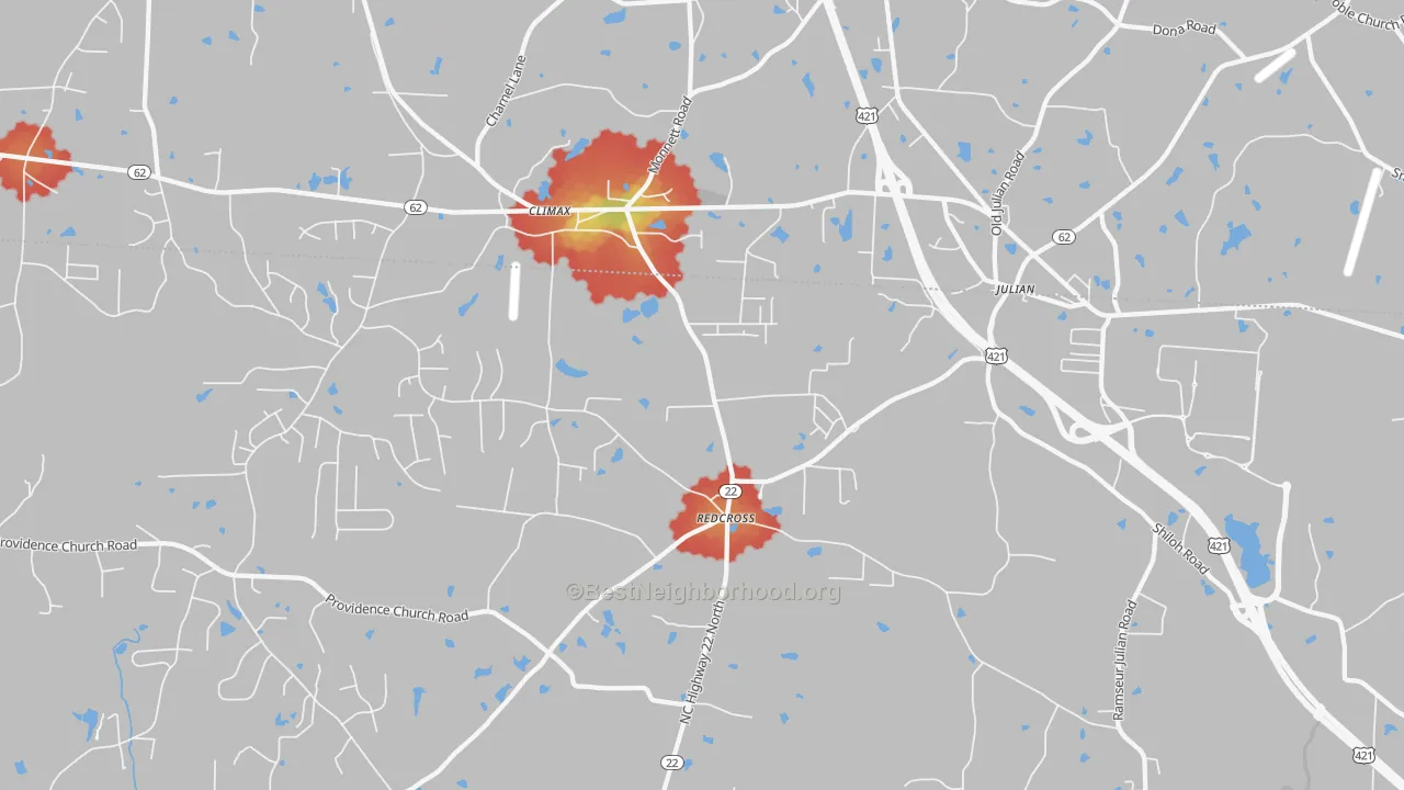 Walk Grade map of 27233, NC, walkable areas in green and car-dependent areas in red