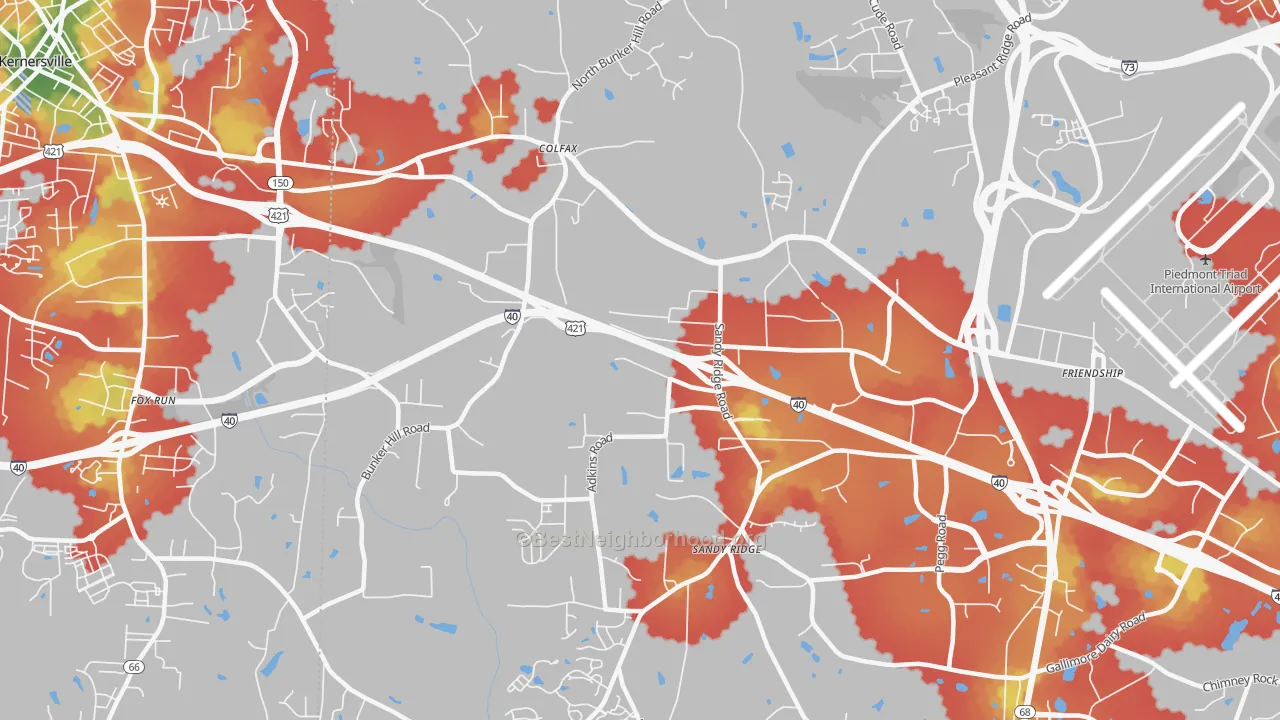 Walk Grade map of 27235, NC, walkable areas in green and car-dependent areas in red