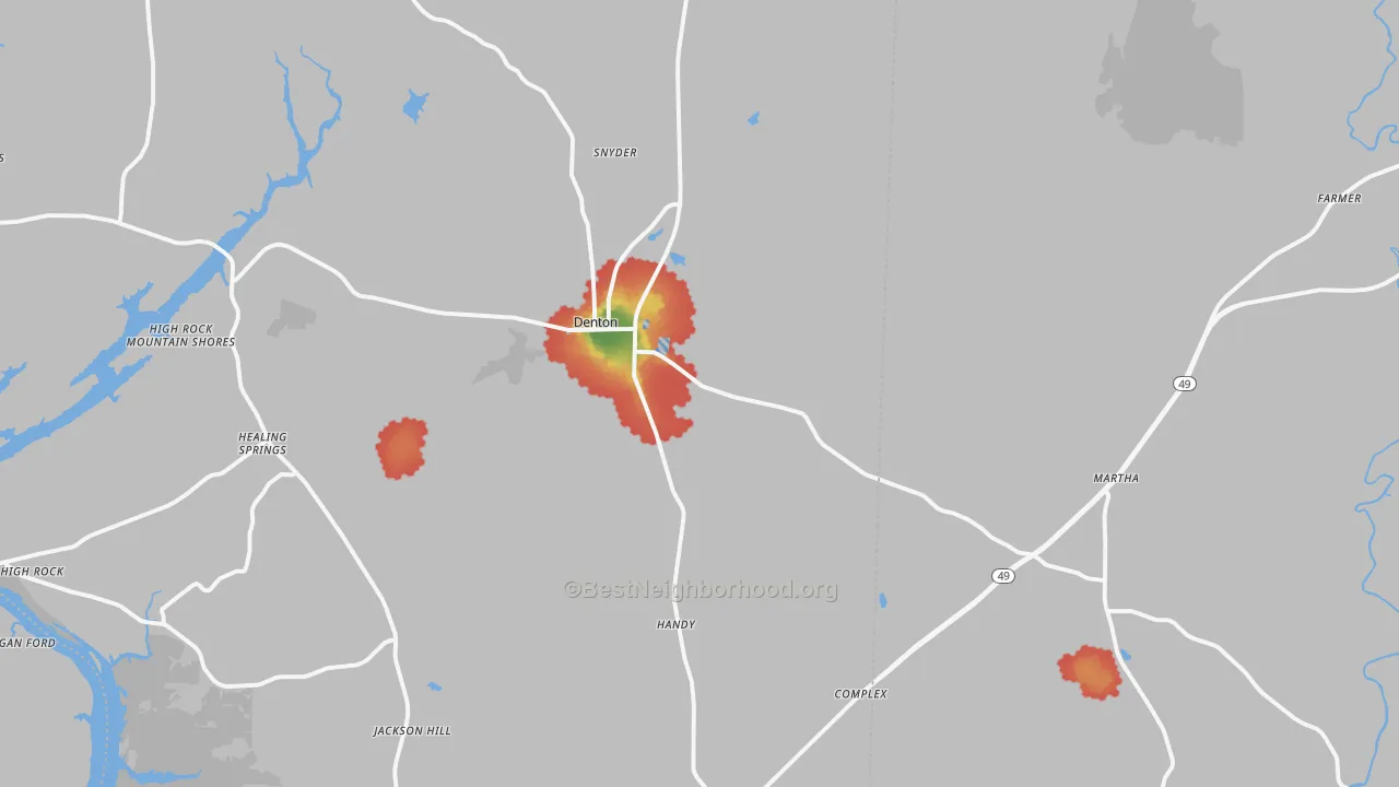 Walk Grade map of 27239, NC, walkable areas in green and car-dependent areas in red