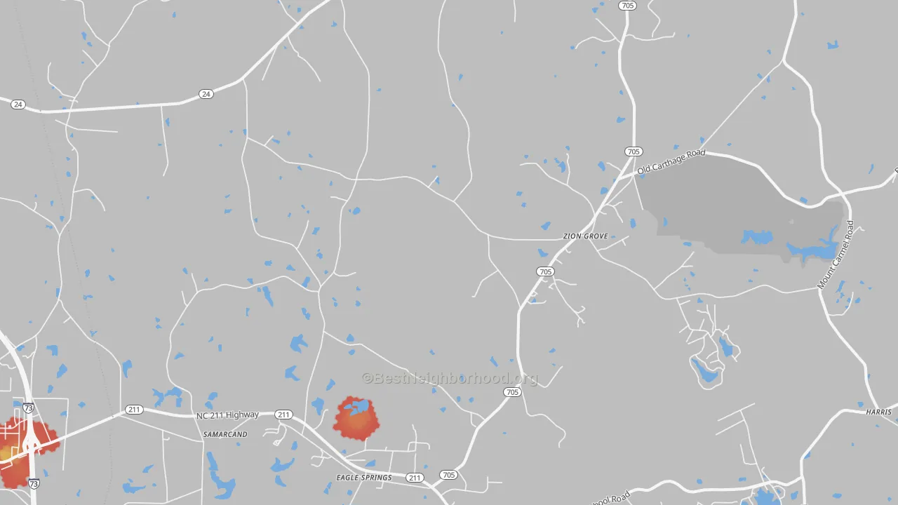 Walk Grade map of 27242, NC, walkable areas in green and car-dependent areas in red