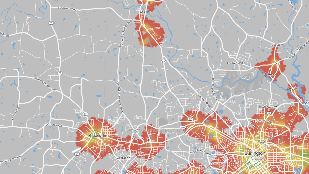 Walk Grade map of 27244, NC, walkable areas in green and car-dependent areas in red