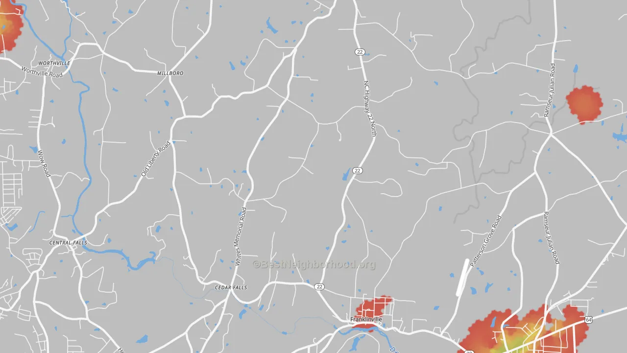 Walk Grade map of 27248, NC, walkable areas in green and car-dependent areas in red