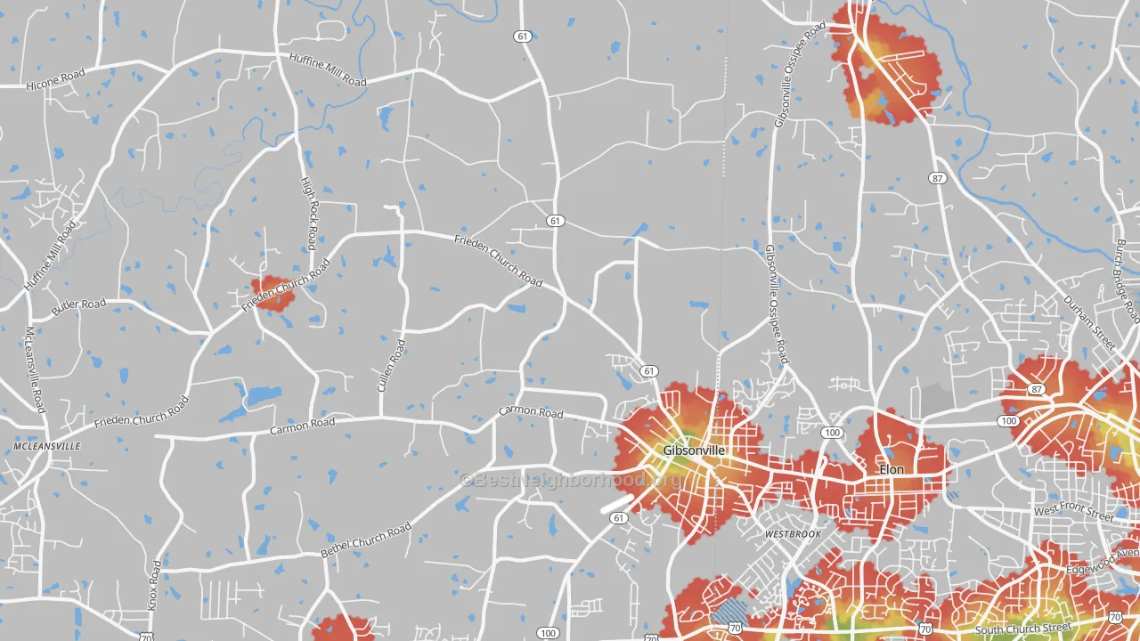 Walk Grade map of 27249, NC, walkable areas in green and car-dependent areas in red