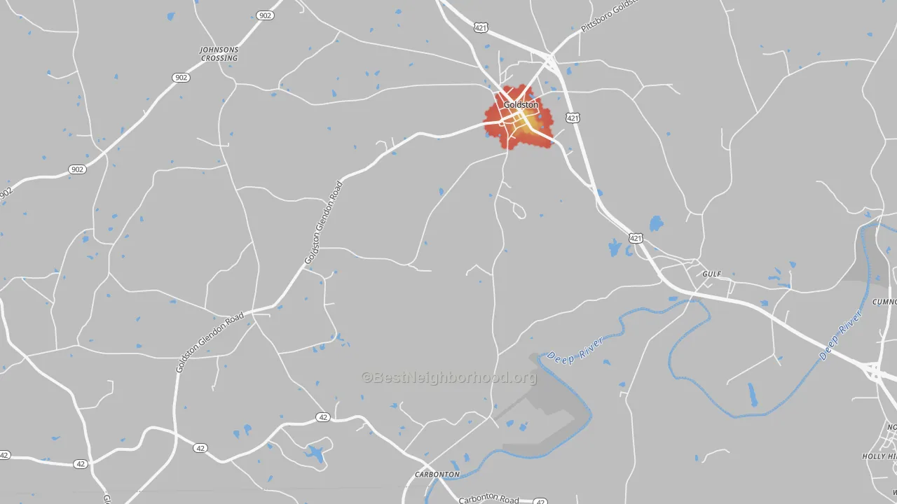Walk Grade map of 27252, NC, walkable areas in green and car-dependent areas in red
