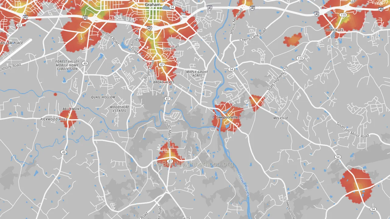 Walk Grade map of 27253, NC, walkable areas in green and car-dependent areas in red