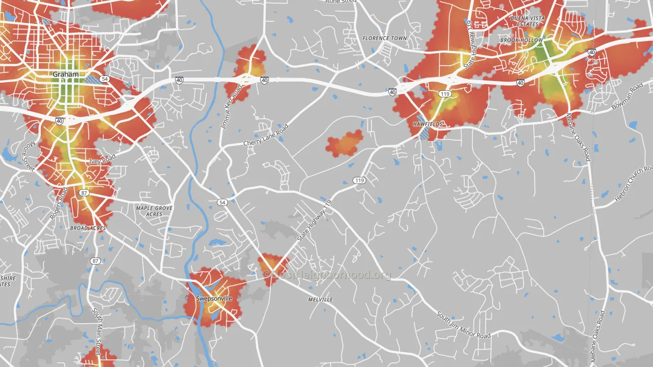 Walk Grade map of 27258, NC, walkable areas in green and car-dependent areas in red