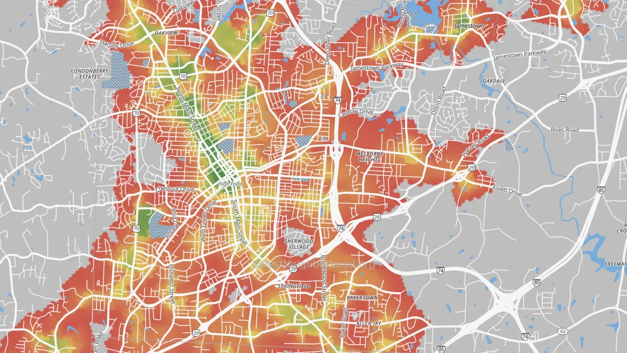 Walk Grade map of 27260, NC, walkable areas in green and car-dependent areas in red
