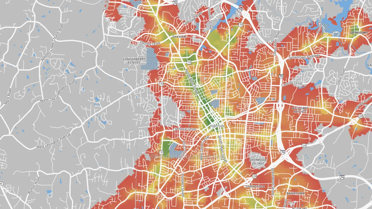 Walk Grade map of 27262, NC, walkable areas in green and car-dependent areas in red
