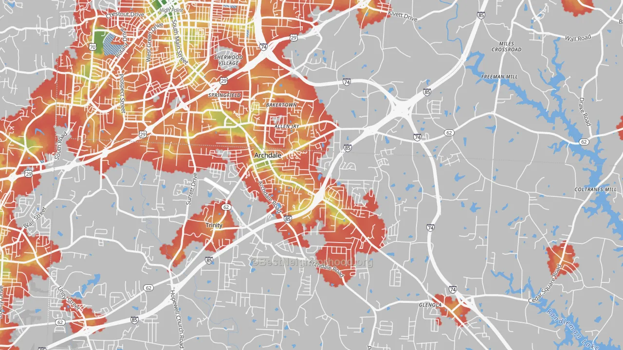 Walk Grade map of 27263, NC, walkable areas in green and car-dependent areas in red