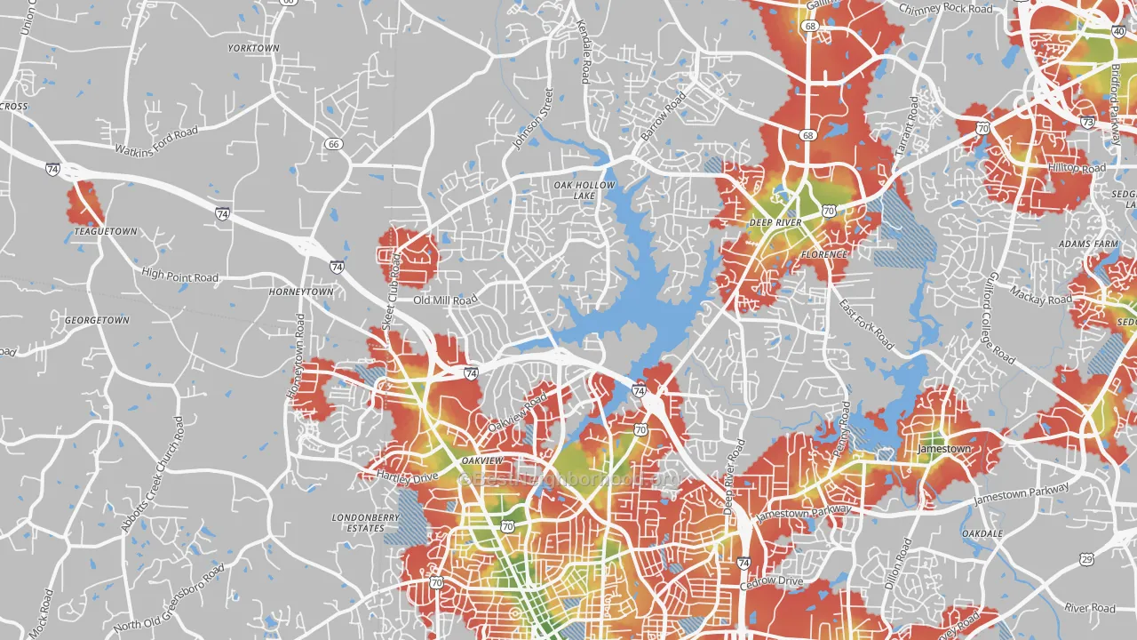 Walk Grade map of 27265, NC, walkable areas in green and car-dependent areas in red