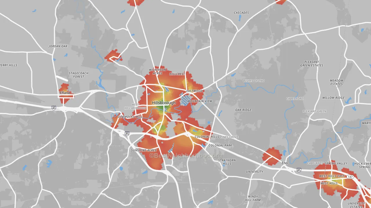 Walk Grade map of 27278, NC, walkable areas in green and car-dependent areas in red