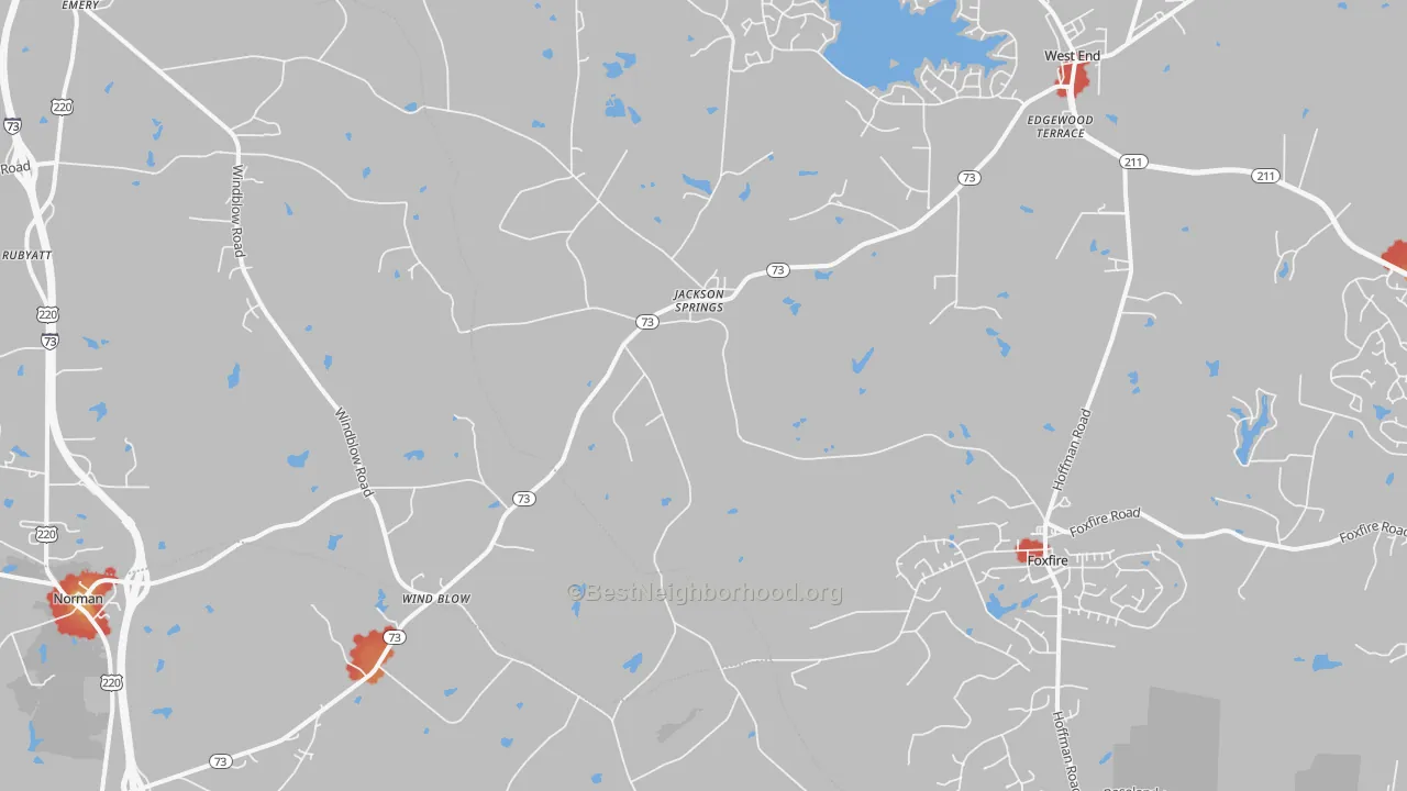 Walk Grade map of 27281, NC, walkable areas in green and car-dependent areas in red
